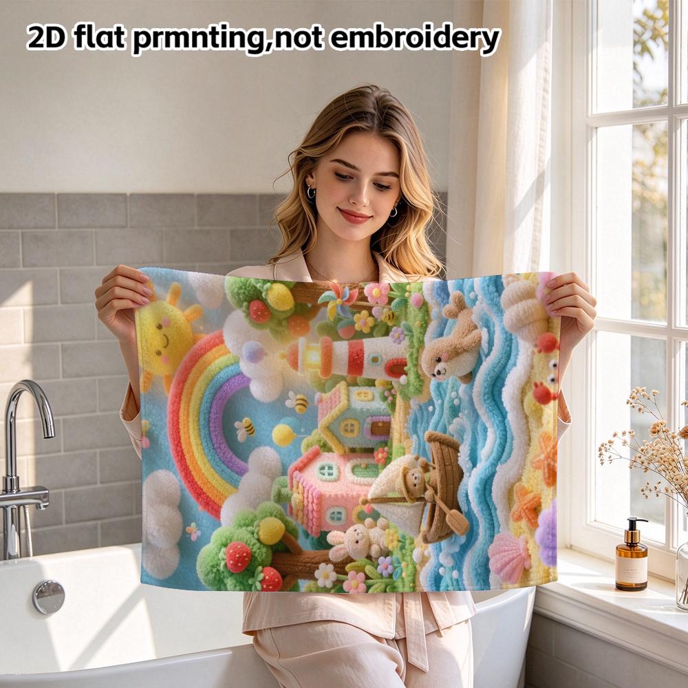 Plush Style Seaside Village Print Bath Towel, Quick Dry Absorbent Towel for Daily Shower