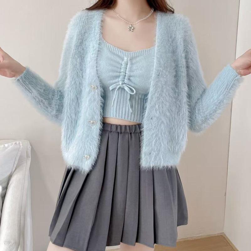 Women's Faux Mink Velvet Sweater & Cardigan Set with Bow Button - Autumn/Winter Japanese Style.