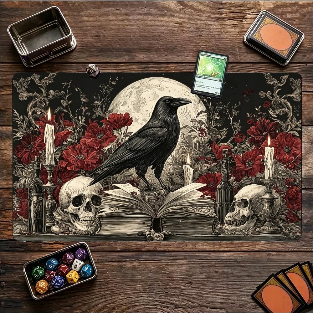 Gothic Raven Skull Moon Theme Large Game Playmat Nonslip Rubber Card Game Mat Keyboard Pad For Tabletop Card Gaming Setup