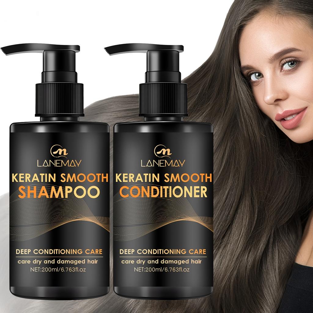 2pcs Keratin Smooth Shampoo and Conditioner Set - Moisturizes Hair & Scalp, Strengthens Hair, Prevents Breakage & Split Ends Deep Repair Shampoo Set