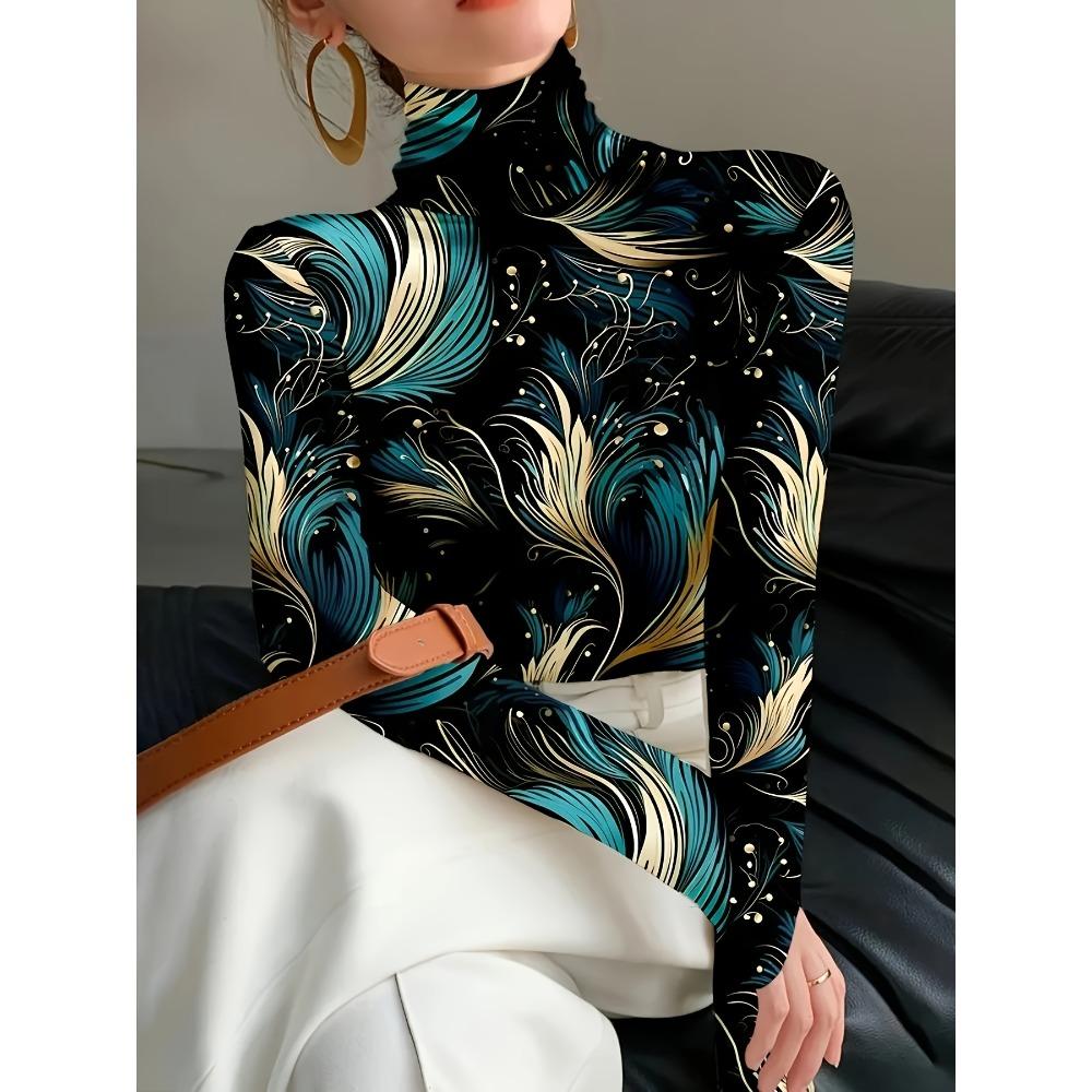Black Bottom Print Elegant High Neck Long Sleeve