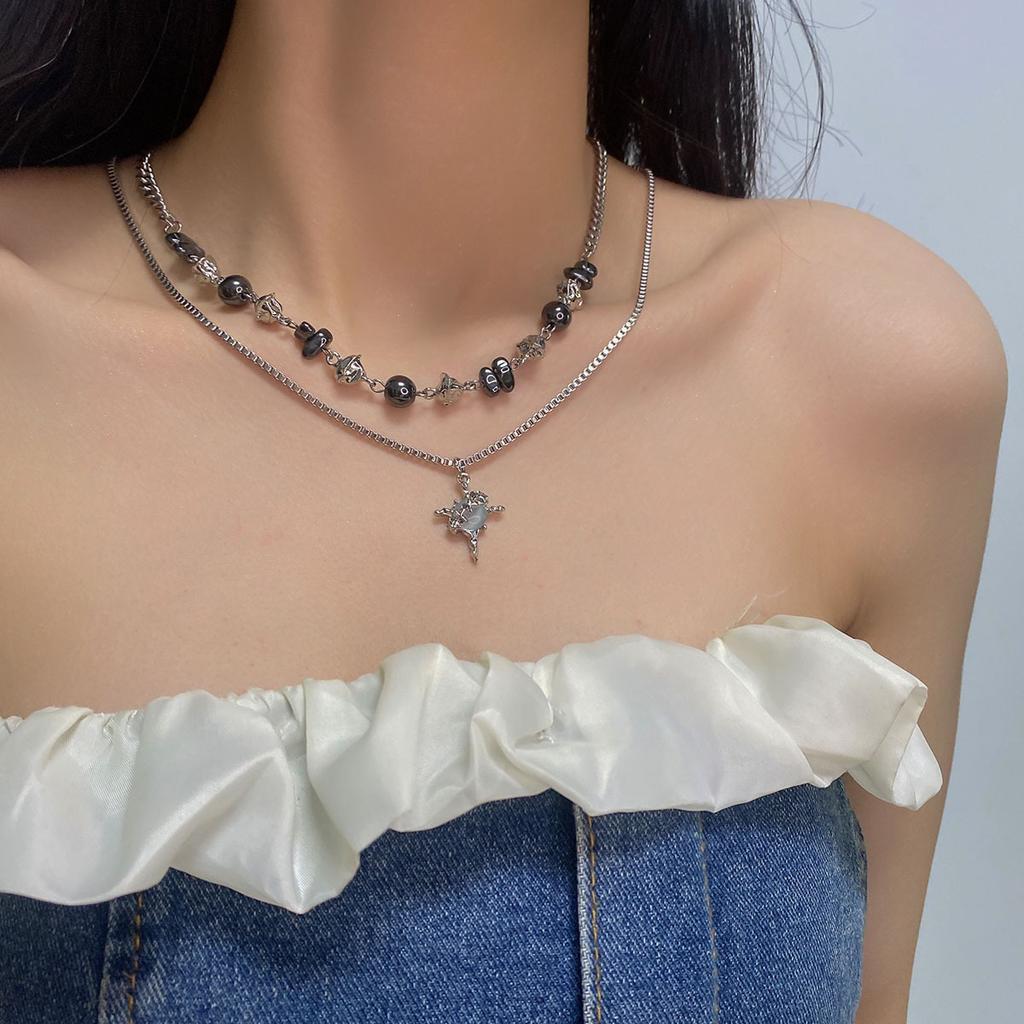 Autumn and winter double-layer blue gravel star light cross necklace female cold wind niche high-end stacked design sweater chain