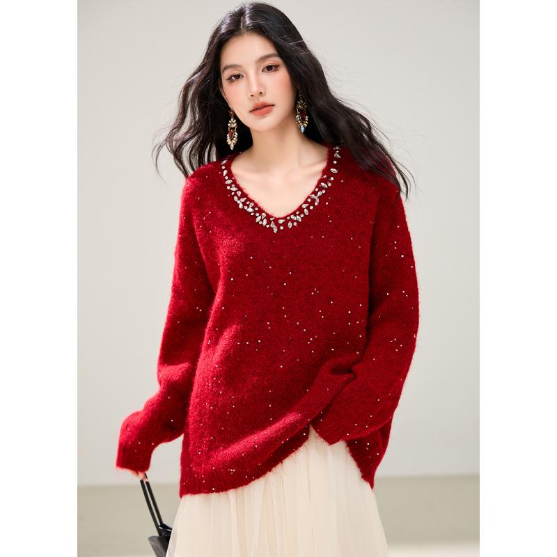 Women's Red Knitted Sweater - New Year's 2026 Long Sleeve Base Layer