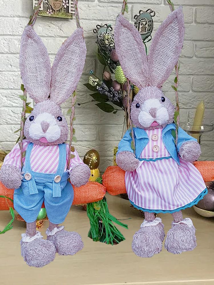 2pcs 35cm Swing Straw Bunnies Cute Exquisite Lifelike Straw Bunny Decorations for Home Garden Yard Blue Checkered Type
