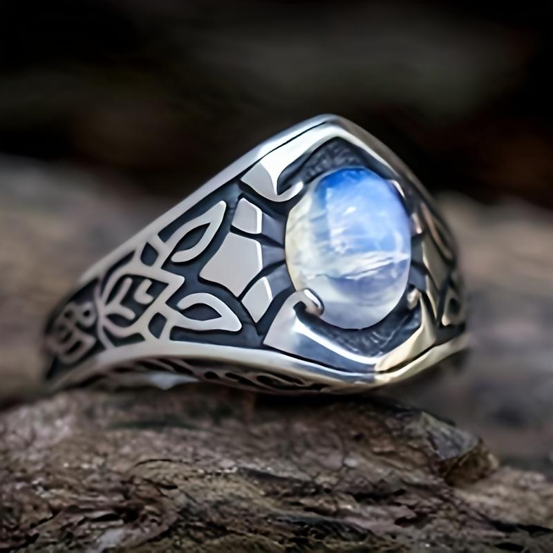 Vintage-Inspired Celtic Knot Silvery Ring with Iridescent Blue Stone - Durable 201 Stainless Steel, Perfect for Weddings, Engagements, and Special Occ