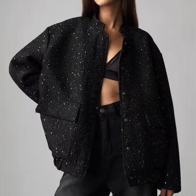 Женская весенне-осенняя модная куртка с воротником-стойкой, украшенная пайетками
