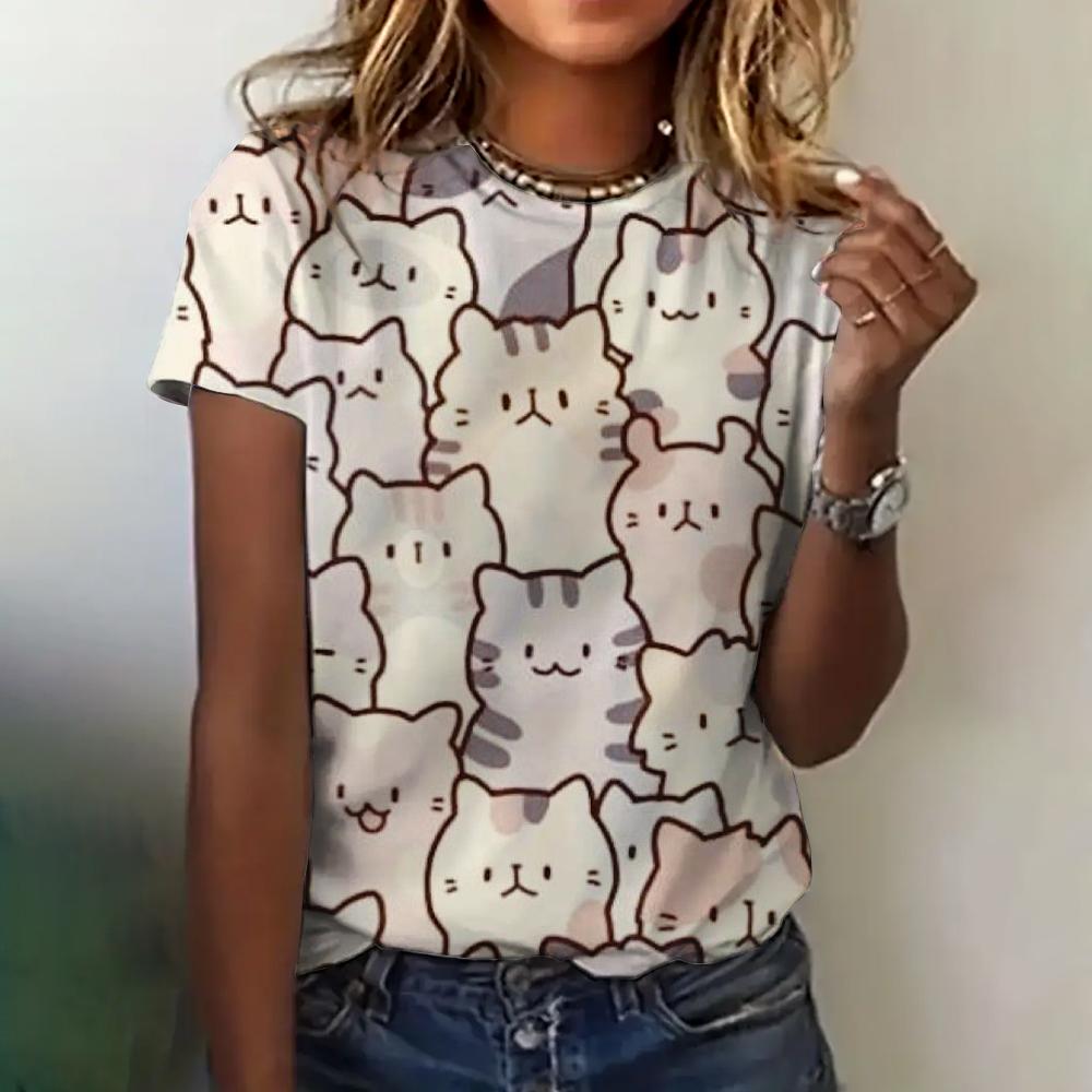 Футболка с 3D-принтом, женская одежда, летняя, с круглым вырезом, дышащая, с коротким рукавом, с милым рисунком кота, свободная, повседневная одежда, женская футболка