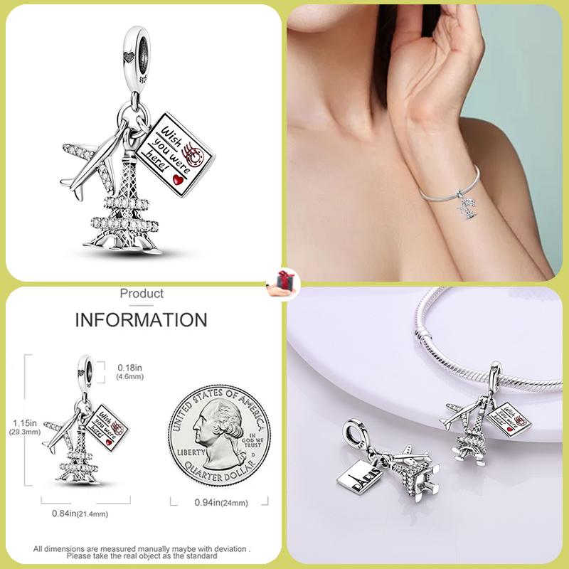 925 Silver Globe Airplane Charm Beads For DIY Bracelet Making Ladies Jewelry 3mm Design