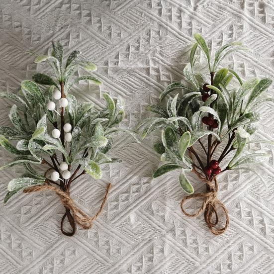 Artificial Mistletoe Branch Christmas Hanging Faux Mistletoe Ornament with Bow Glitter Leaves