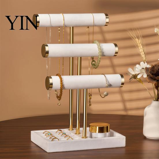 Tiered Jewelry Organizer 3 Tier Velvet Organizer, T-shaped Holder for Bracelet, Necklaces Rings, & Earrings, Stand with Storage Tray Display Rack