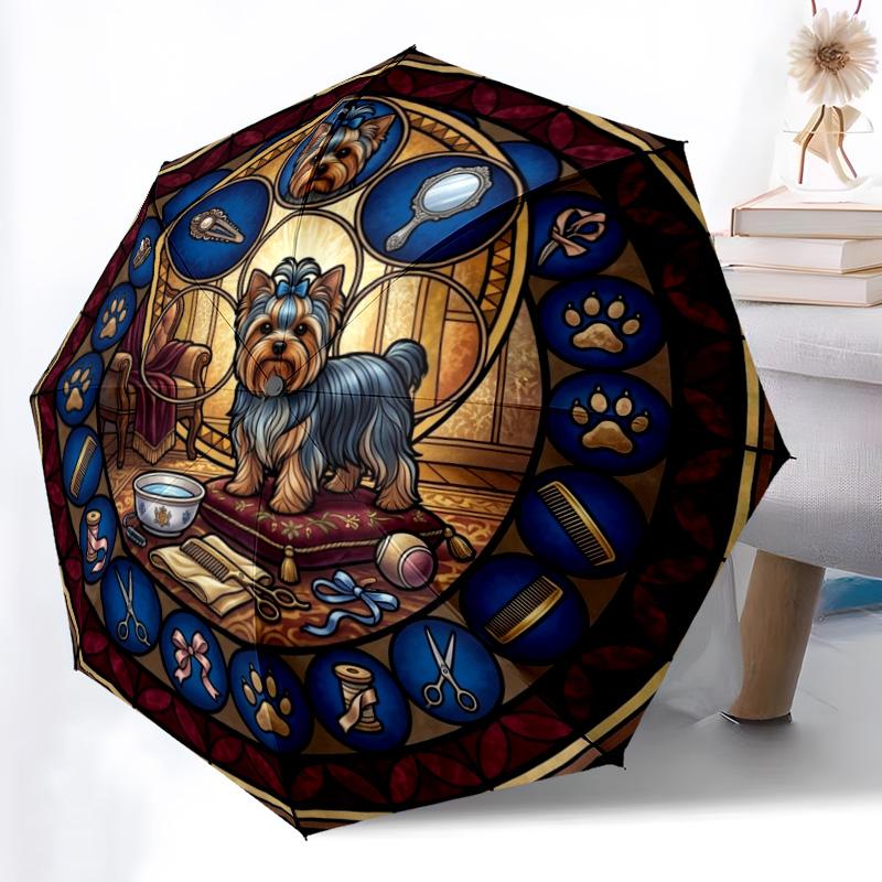 Glass Yorkshire Terrier pattern umbrella, portable and foldable design, 8 ribs, a casual accessory for Halloween, Christmas, and birthday gifts.