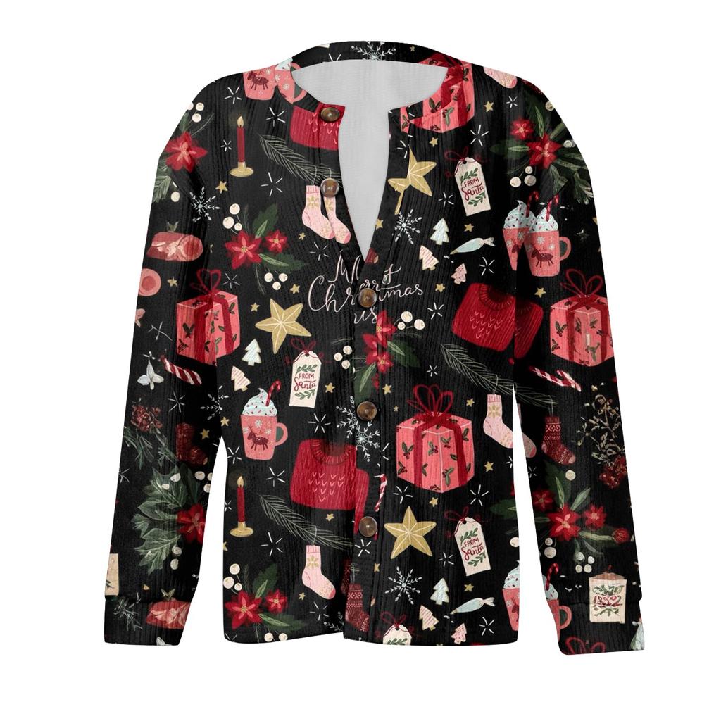 Women's Fashion Christmas Printed Long Sleeve Knitted Cardigan Button Down Jacket