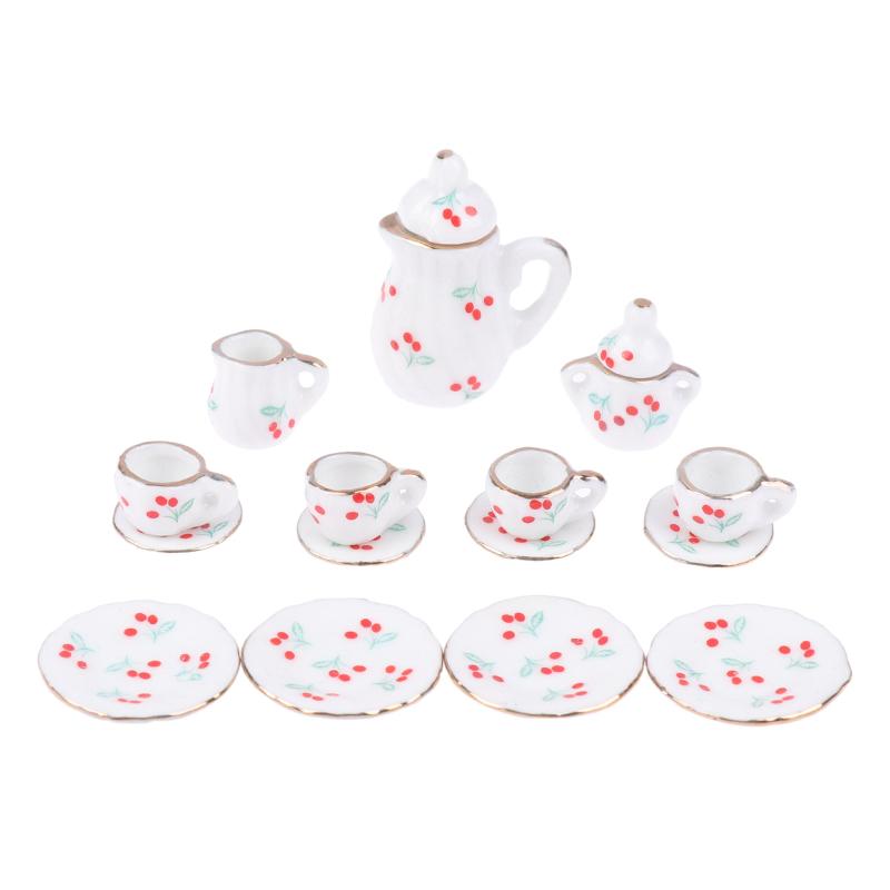 1Комплект 1:12 миниатюрных керамических чайных сервизов для кукольного домика, чашка, чайник, поднос, цветы, столовые приборы, кухонный декор, игрушечные аксессуары для кукольного домика