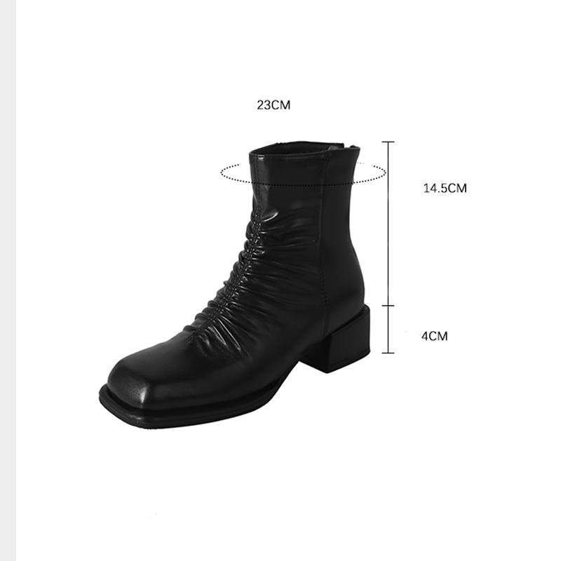 French Style Concise Pleated Ankle Boots Women Square Toe 4cm Block Middle Heels Back Zipper Casual Short Booties Female Shoes
