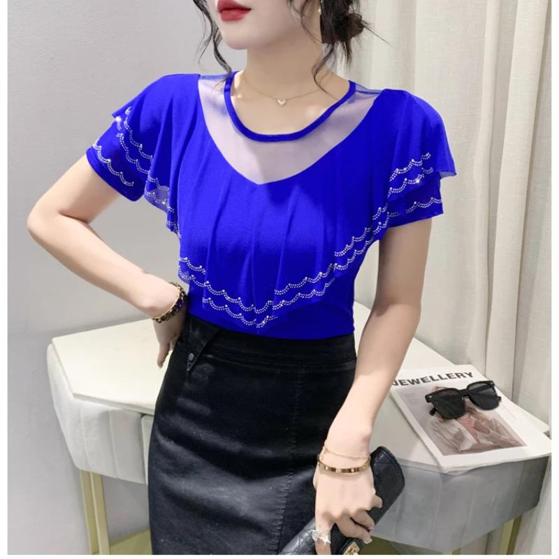 Новая Шикарная Летняя Элегантная Женская Футболка Одежда Сексуальная Роскошная Блестящая с Бриллиантами Топы с Короткими Рукавами Рюши Сетка Футболки Блузки