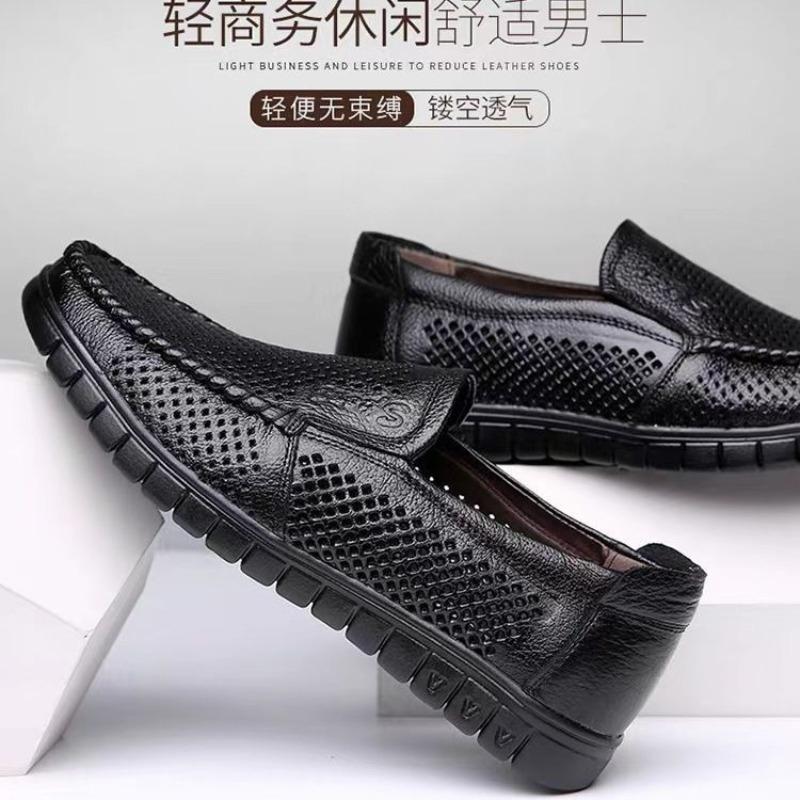 Fashion Summer Men Loafers High Quality Cowhide Leather Shoe Breathable Hollow Out Sandals Mesh Casual Driving Shoes Men's Slip-on Flats