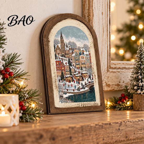 Indoor Christmas Ornament Set Vintage Arched Wooden Photo Frame with Illustration, Retro Distressed Wall Art for Holiday Tabletop Desktop And