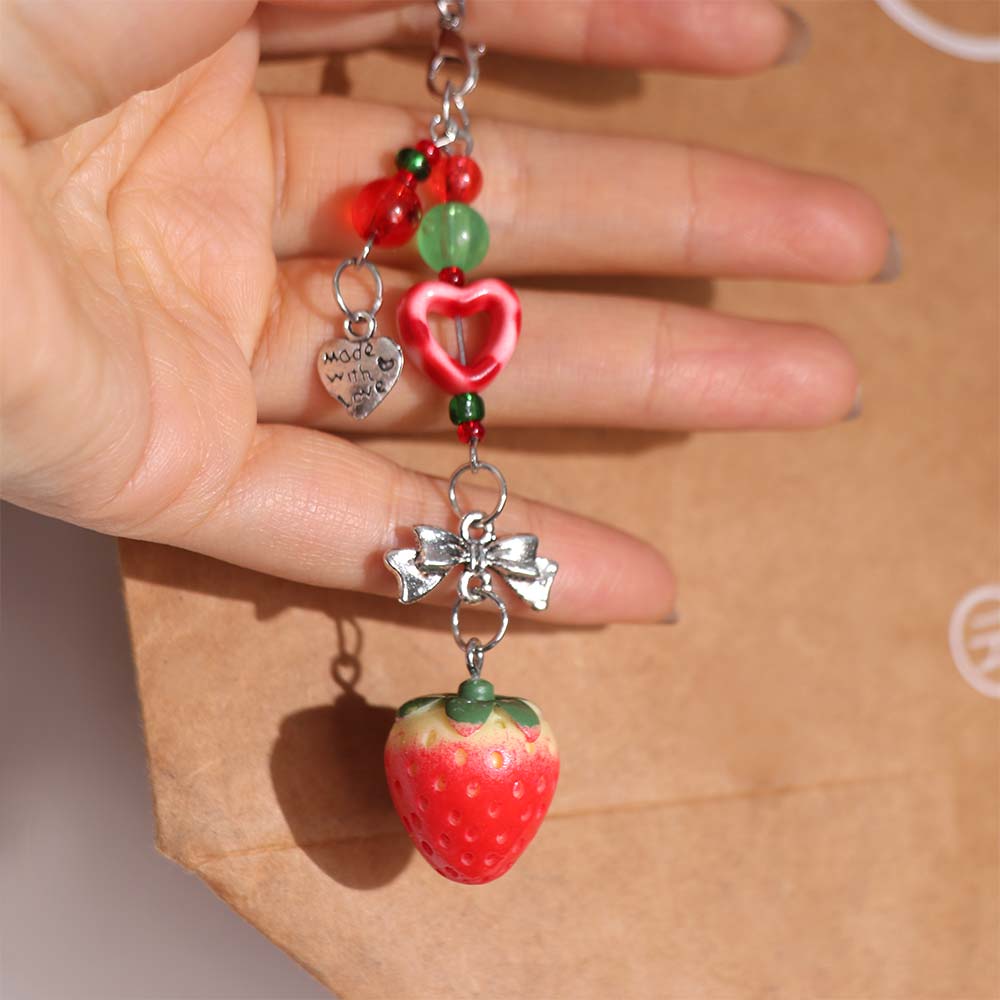 Acrylic Strawberry Keychain Pendant Bag Hanging Car Keyring Strawberry Beads Phone Chain Gifts