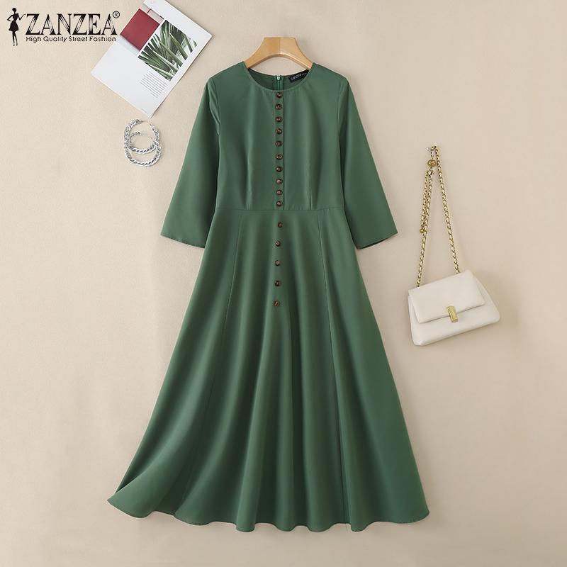 ZANZEA Women Casual Round Neck 3/4 Sleeve A-Line Long Dress