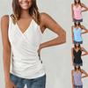 Women Summer Sleeveless Wrap V-Neck Tank Top Buttoned Ruched Hollow-Out Eyelet Solid Color T-Shirts