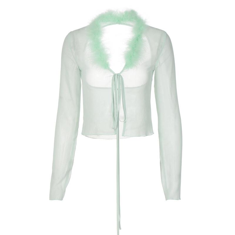 2022 Women Feather Fur Mesh Lace Up Backless Long Sleeve Cut Out Shirt Slim Sexy Party Club Streetwear Summer Y2K Crop Top