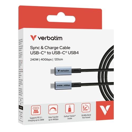 Verbatim 31847 Sync & Charge Cable USB-C to USB-C 240W 40Gbps 120cm, Grey/Black