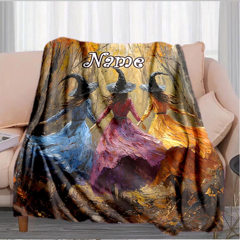 1PC Custom Name Autumnal Witches' Journey outdooor Flannel blankets Throw Blanket All-Season Throw Gift Bedspread for Couch, Bed, Camping Holiday Birt
