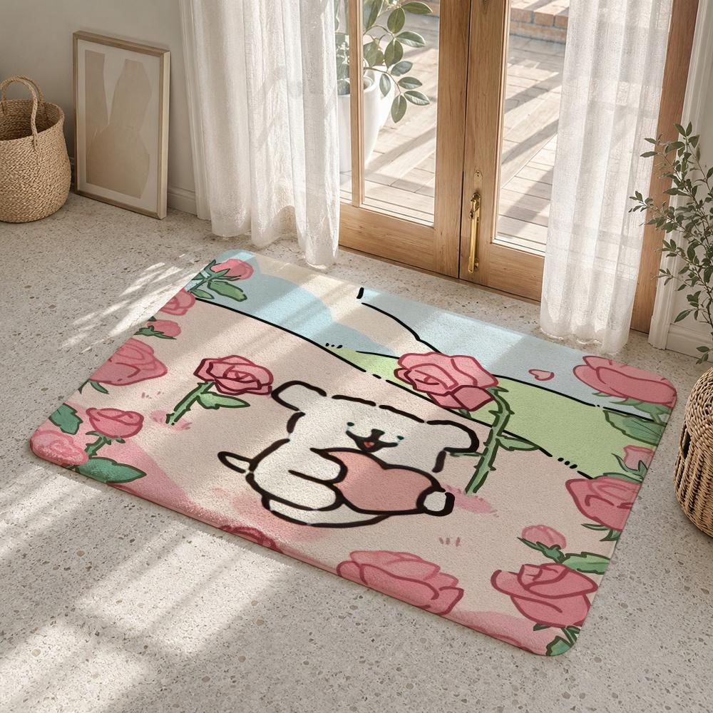 Christmas Korean Line Puppy Floor Mat Flannel Rug Non Slip Absorbent Soft Washable For Entryway Hallway Bathroom Kitchen Decor