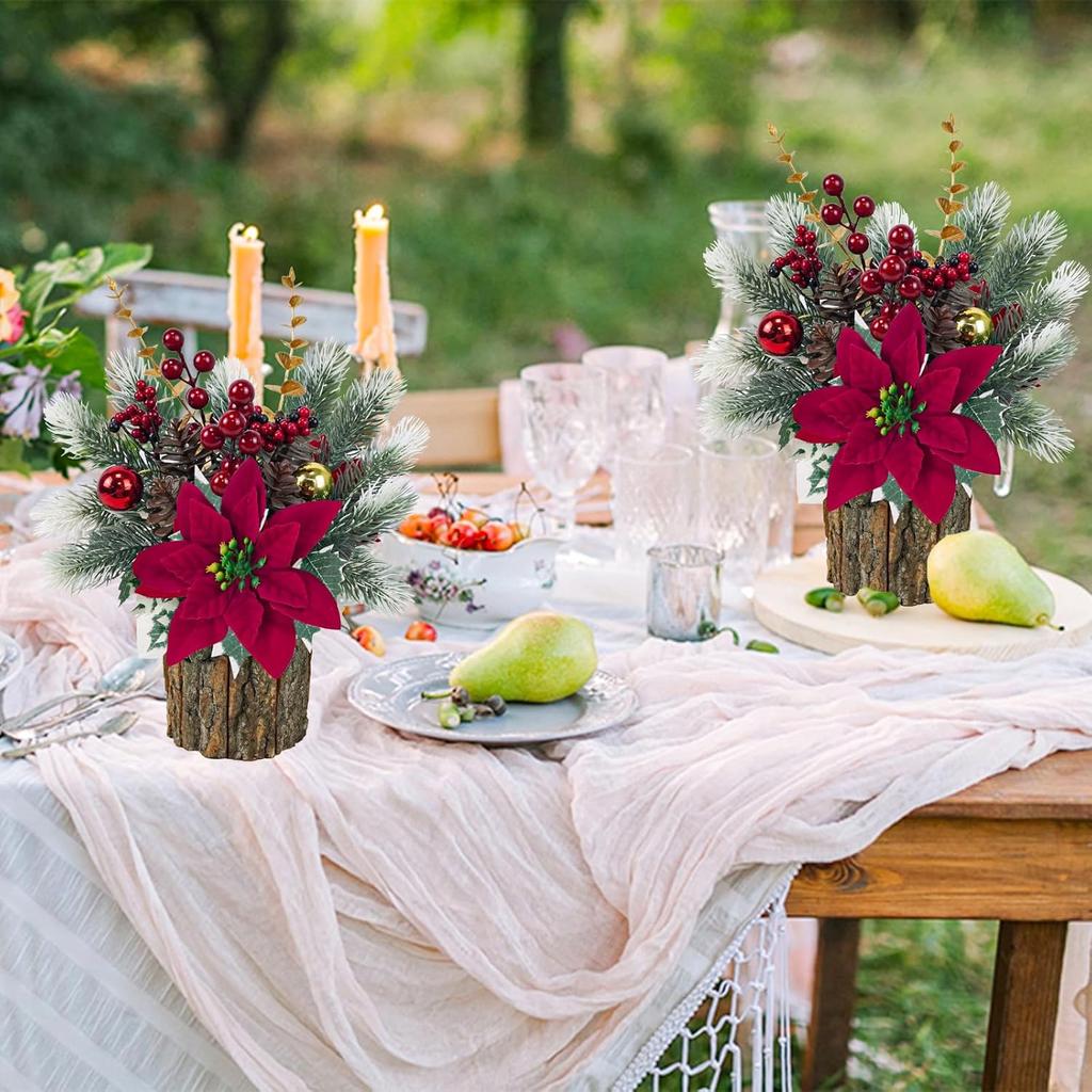 Набор из 2 мини-рождественских елок с красной пуансеттией, ягодами и сосновыми шишками - Искусственный горшечный настольный декор для дома, камина, мужчины