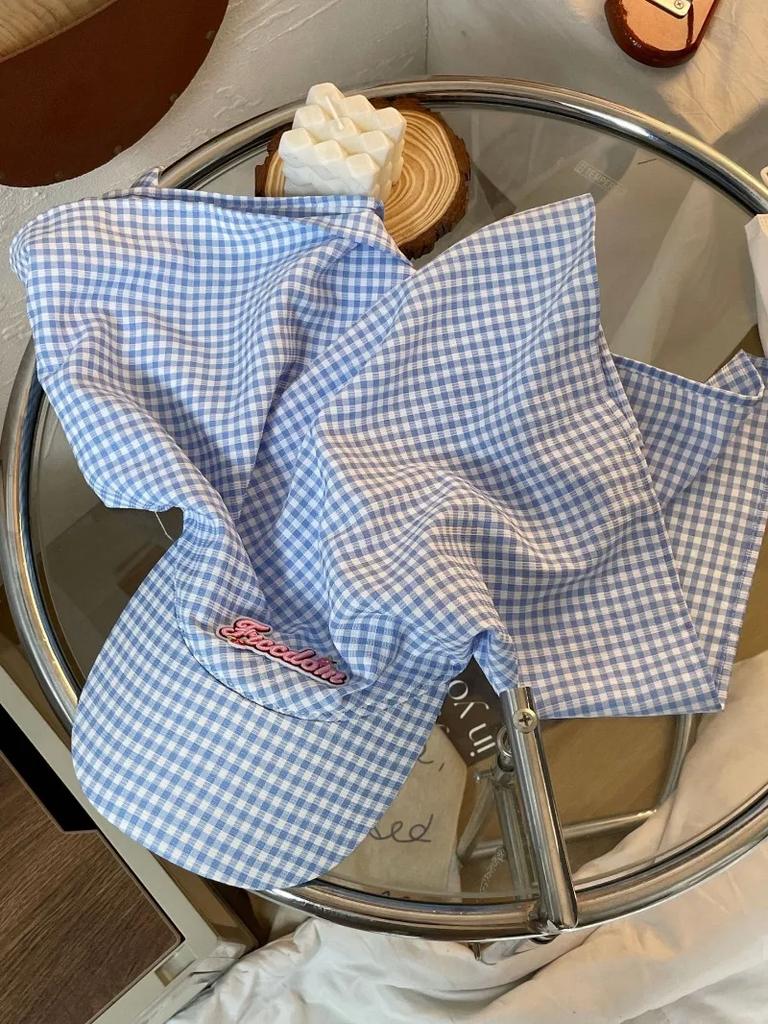 Мятно-зеленые клетчатые шапки-косынки с ремешком для женщин, летние солнцезащитные шапки для путешествий, универсальные модные солнцезащитные шляпы с наклейками