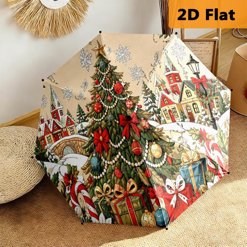 Christmas Village Festive Scene Tree Presents Folding Umbrella Umbrella 8 Paraphenoid Bones Printing Travel Sun Umbrella