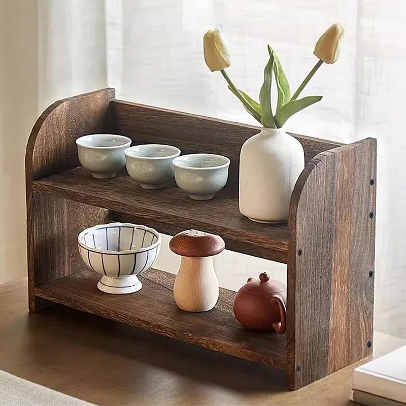 1Pc Desktop DIY Shelf Tray Display Rack Cup Tea Set Solid Wood Chinese Style