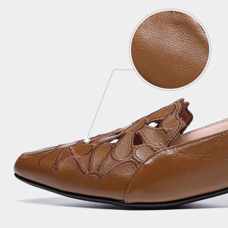 Soft Leather Hollow Embroidered Single Shoes Female Summer and Autumn Low with Mother Female Shoes Breathable Work Female Sandals