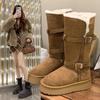 Серые двусторонние сноубутсы длиной до колена для женской зимы 2025 года, новые, на толстой подошве, увеличивающие рост, бархатные, с утолщенным длинным голенищем, хлопковые зимние сапоги