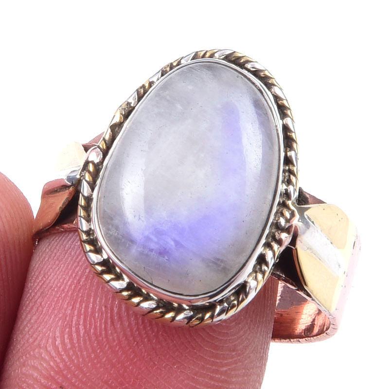 Natural Rainbow Moonstone Gemstone 925 Sterling Silver Two Tone Ring S.10 M6w62