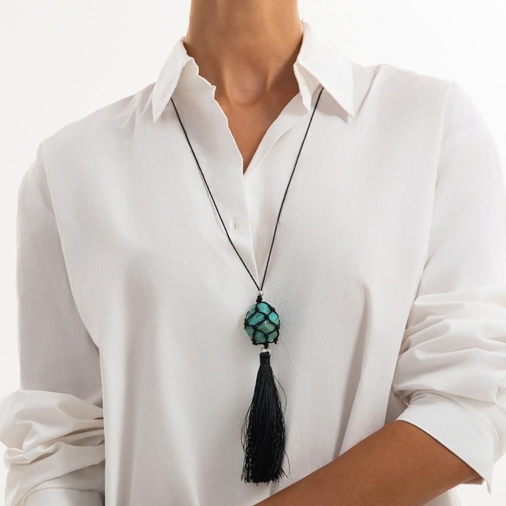Long Tassel Detail Pendant Necklace Adjustable Length Tassel Waxed Thread Choker Boho Outfit Match