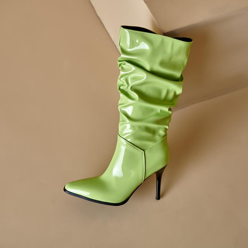 2024 Winter Slouch Boots for Women Shiny Patent Leather Mid Calf Heels Boots Stiletto Purple Green Rose Red Pleated Shoes