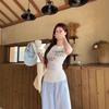 Ткань в полоску, американская сладкая кошка Spice Girl, футболка с коротким рукавом на переднем плече, женская летняя приталенная и тонкая в талии майка