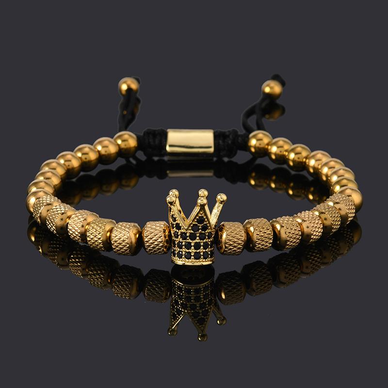Luxury Stainless Steel Beads Royal Gold Crown Charm Man Bracelet Handmade Women Jewelry Gift
