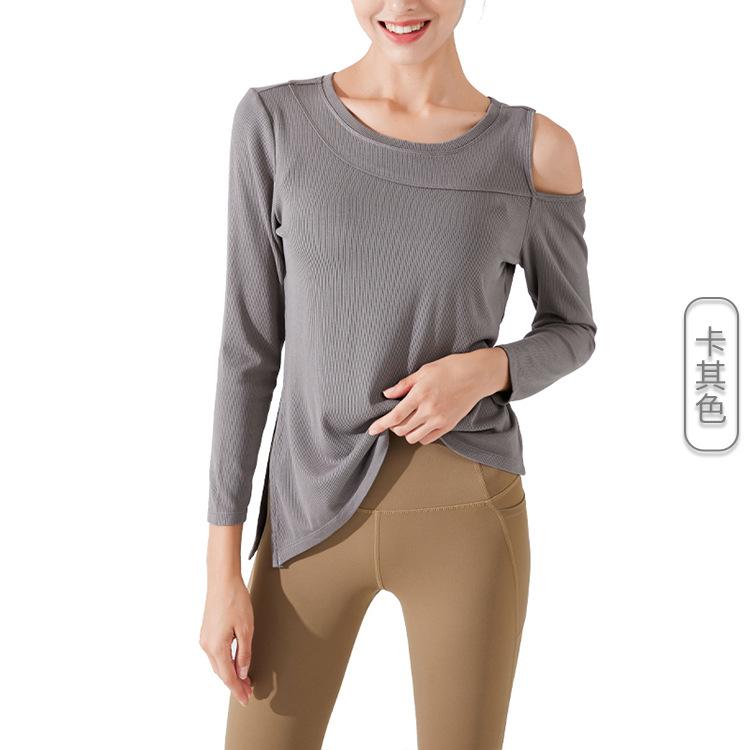 Ningbo restart ribbed off-shoulder long-sleeved yoga blouse women's autumn light and thin sports top loose running fitness clothes