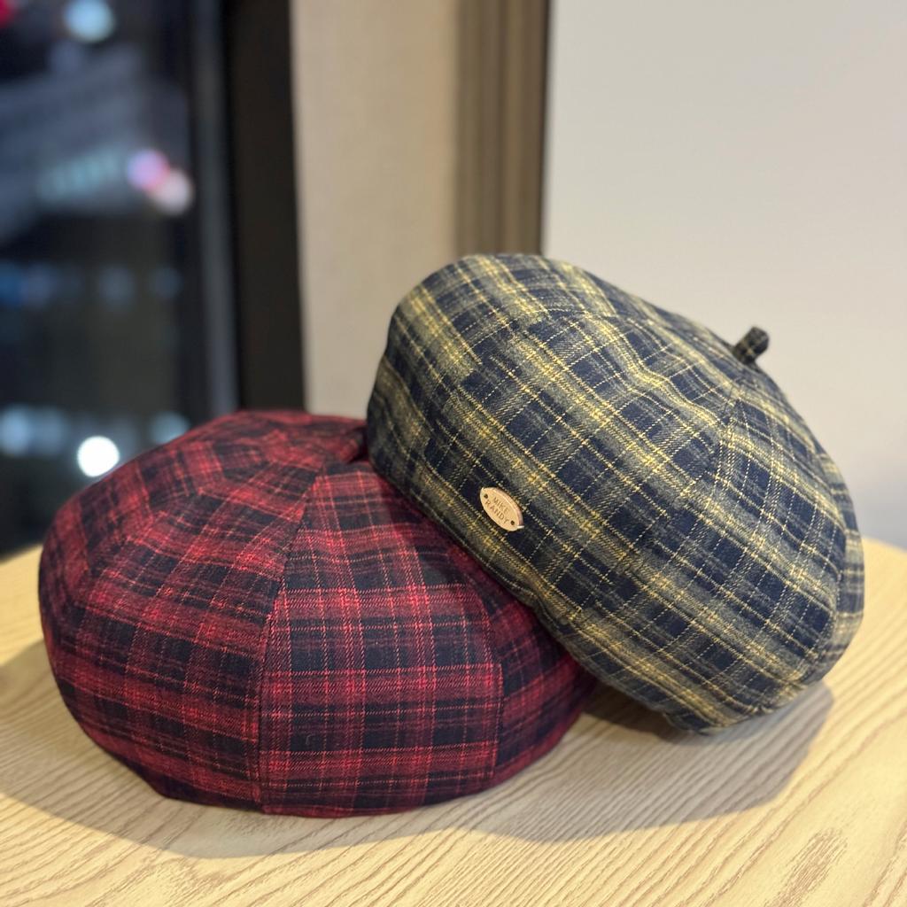 Корейская версия простой маленькой клетчатой беретки для литературных женщин, ретро, на каждый день, шляпа художника, большой обхват головы, шляпа-тыква