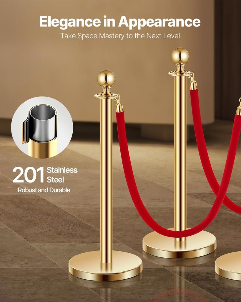 4 Pcs Gold Stanchion Post 2 Red Velvet Ropes Sand Injection Hollow Base