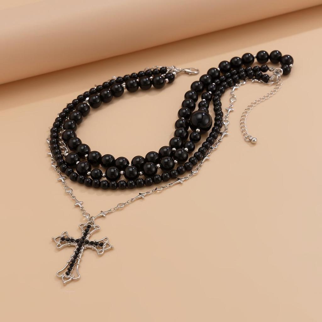 Dark Style Acrylic Beaded Necklace with Cross Pendant - All-Match European and American Fashion for Women
