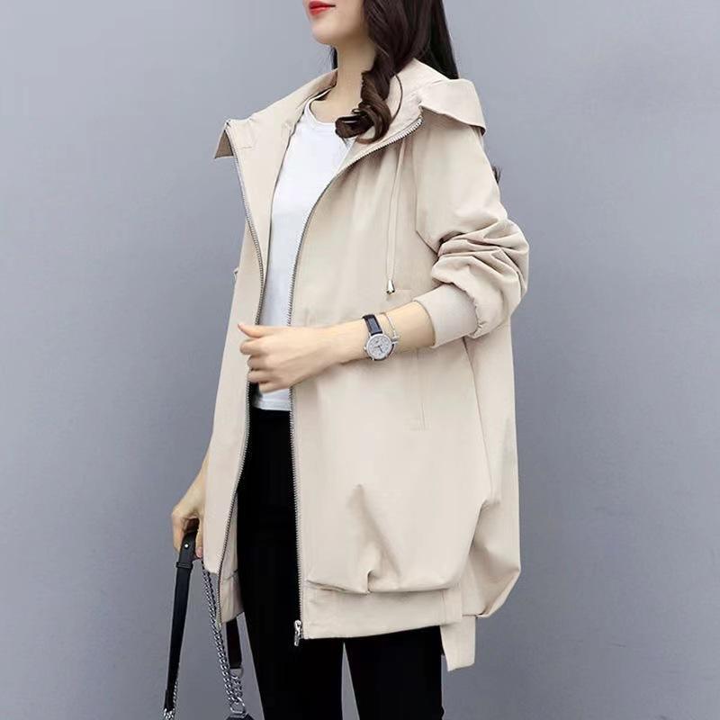 Women's Spring and Autumn Hooded Mid-Length Solid Color Jacket Casual Comfortable Windproof Jacket