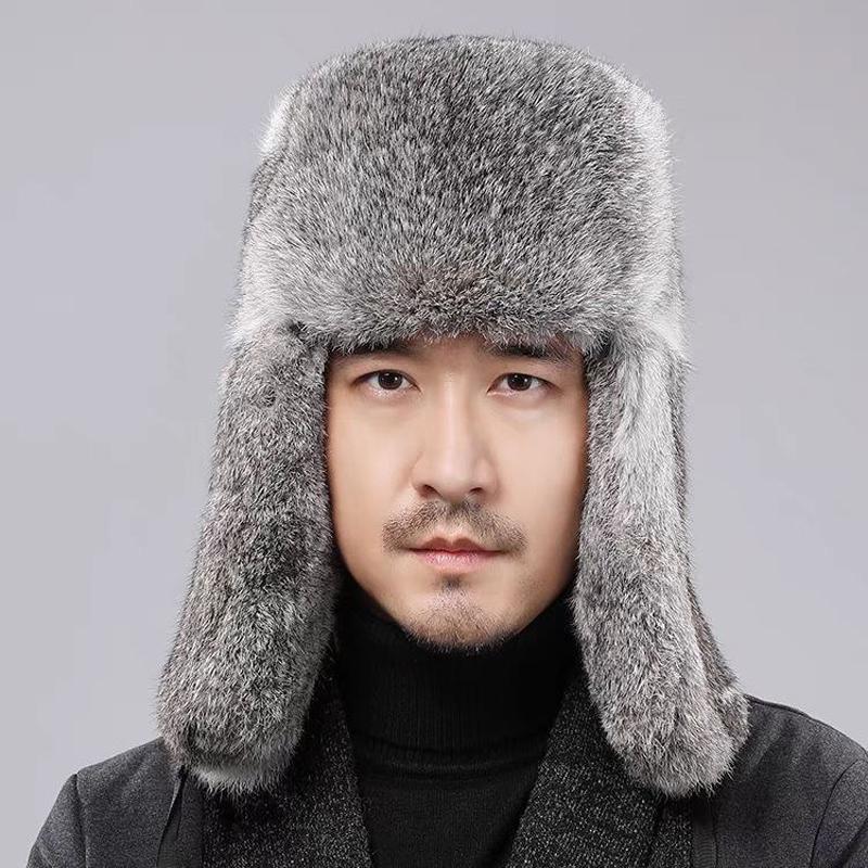 Rabbit Fur Cap Man Winter Genuine Fur Bomber Hat Windproof Warm Earmuffs Male Flat Grey/Black Russian Winter Rabbit Fur Hat