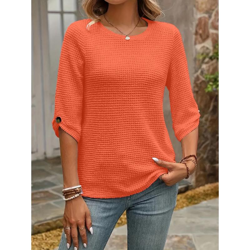 VEZFAA Женские модные повседневные летние весенние однотонные блузки и рубашки с круглым вырезом и рукавами 1/2 с принтом