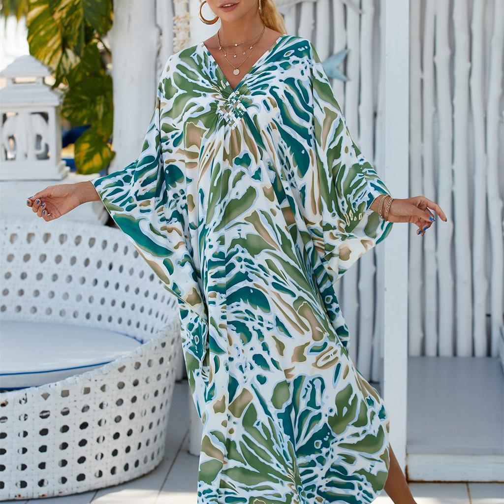 YYFS Женская мода отпуск лето весна зеленый камуфляжный принт с длинным рукавом и v-образным вырезом повседневные платья