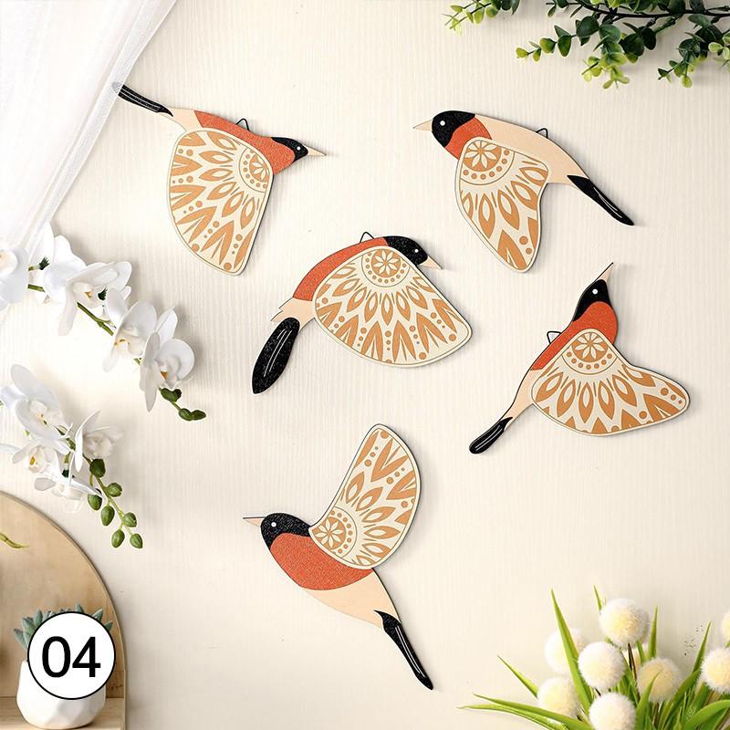 5pcs Wooden Bird Wall Decor Hollow Out Bird Sculpture Art Vintage Decor Living Room Kitchen Wall Hanging Figurines Ornament