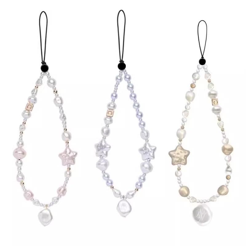 White Heart Phone Lanyard With Pearl Charm Anti-Lost Strap Smartphone Womens Fashion Accessory