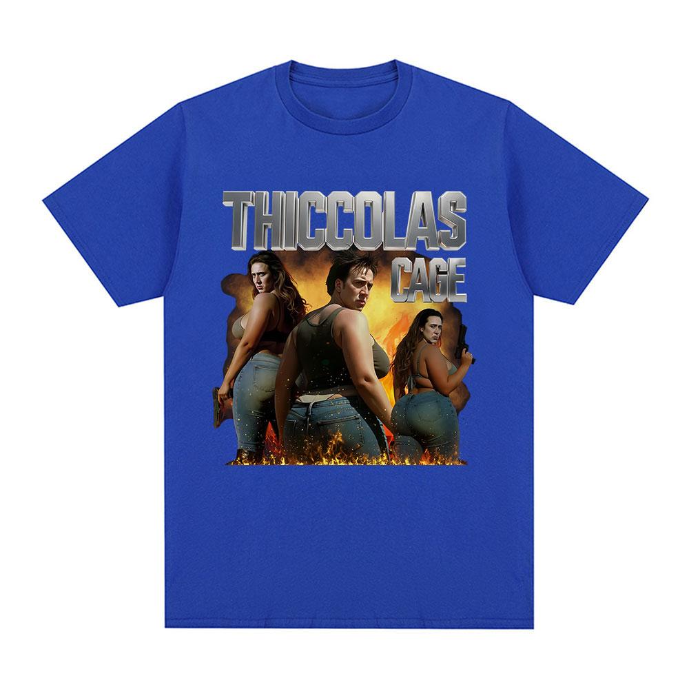 Thiccolas Cage Funny Meme Tshirt Unhinged Inappropriate Movie Lover Tshirts Absurd Crazy Cringe Exchange Gift Gag Joke Tshirts